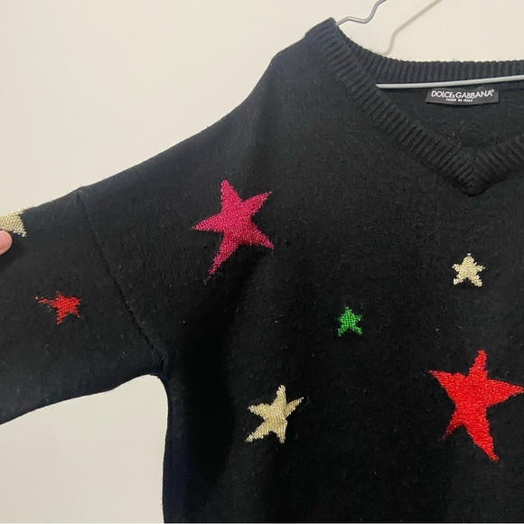 Dolce & Gabbana Black Star Print V-Neck Wool Sweater Size Small - Picture 2 of 8